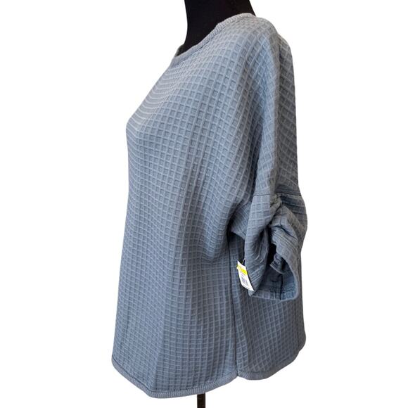 New MAX STUDIO Blue Ruched Elbow Sleeve Waffle Knit Pullover T-Shirt Size L - Picture 4 of 7